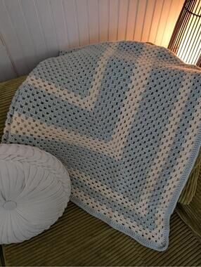 Vintage Cottage Blue & White Crochet Throw Grandmacore 54"X54" Large Handmade